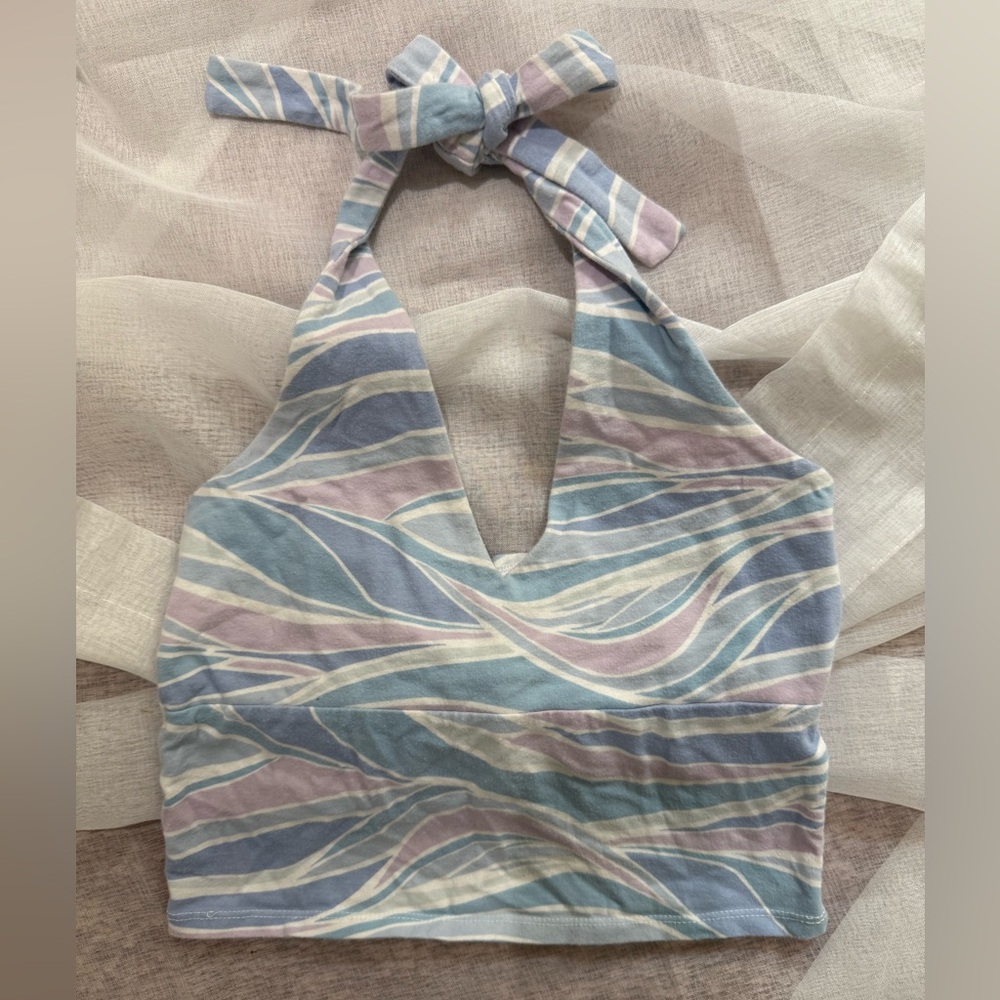 Blue Wave Pattern Halter Tie Top